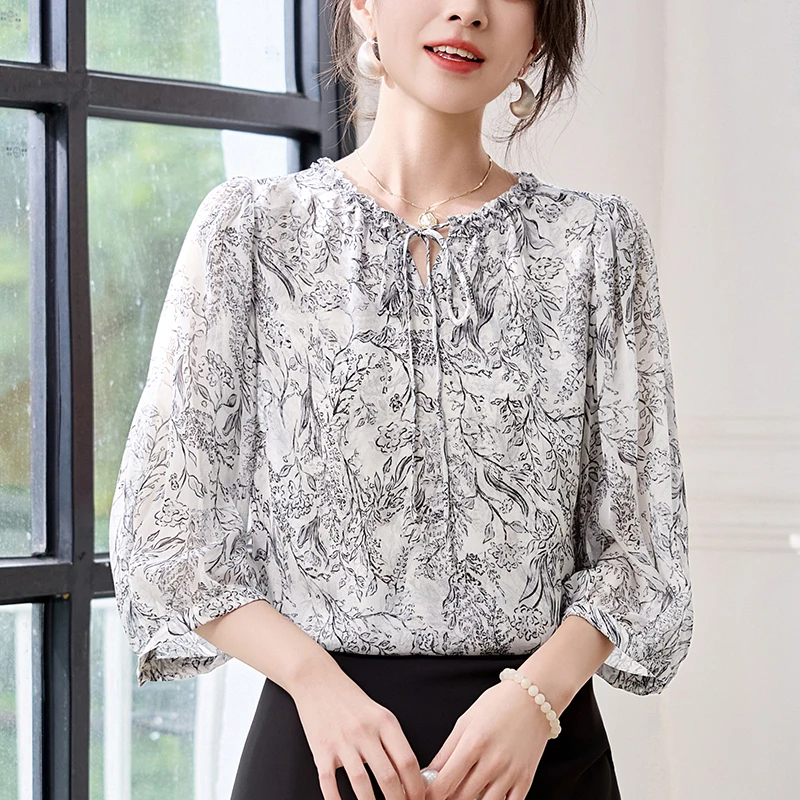 

Элегантные шикарные рубашки и блузки для женщин, лето 2026, 100% натуральный шелк, женская блузка с цветочным принтом, свободные топы, винтажная женская рубашка