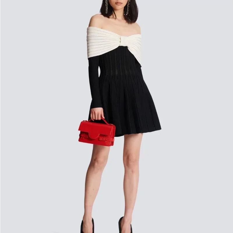 

Women Off-the-shoulder Bow Neckline Flared and Pleated Cut Marked Waist Long Sleeves Textured Knit Skater Dress