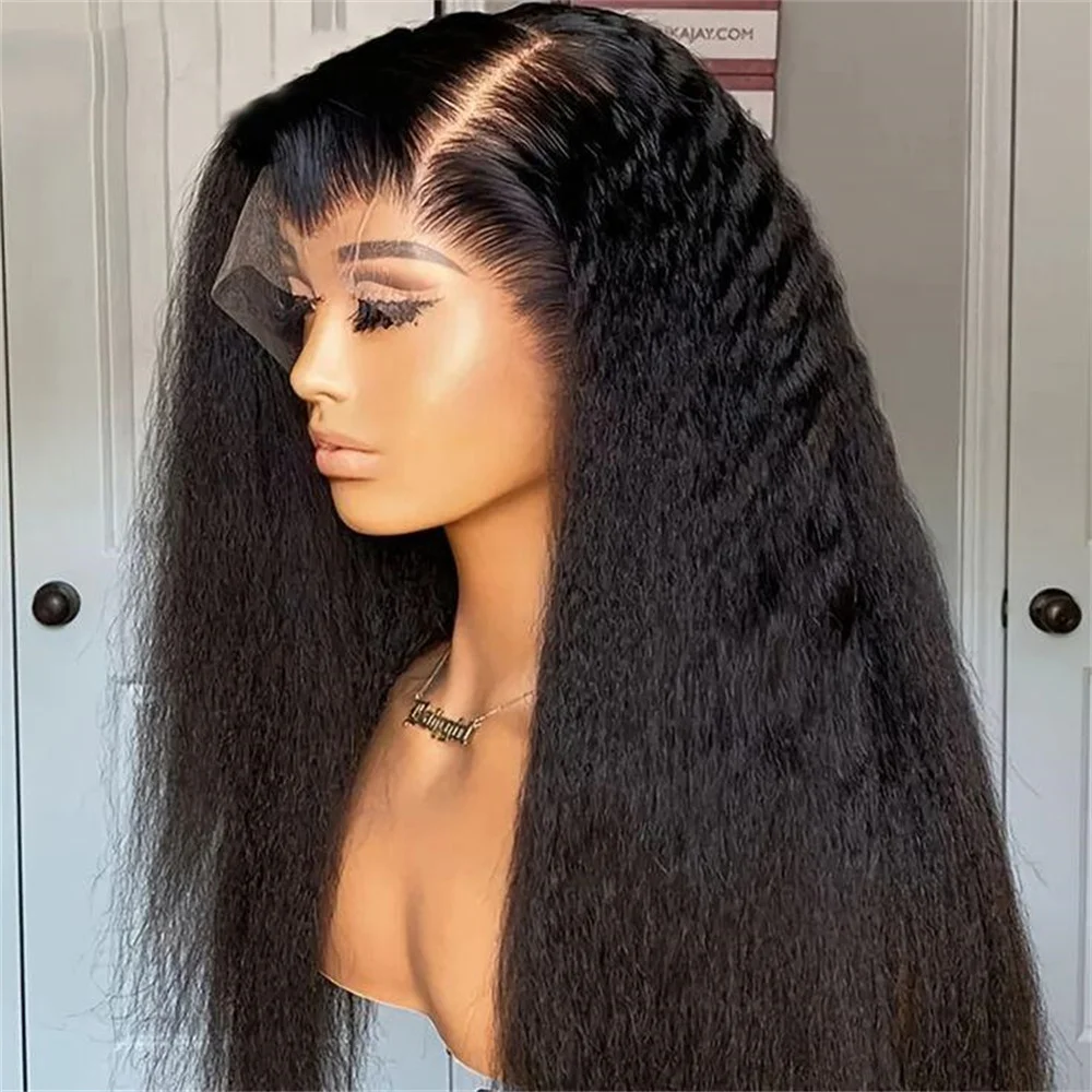 Long Soft 26” Preplucked Kinky Straight Natural Black Yaki Lace Front Wig For Women With Baby Hair Synthetic Glueless Daily