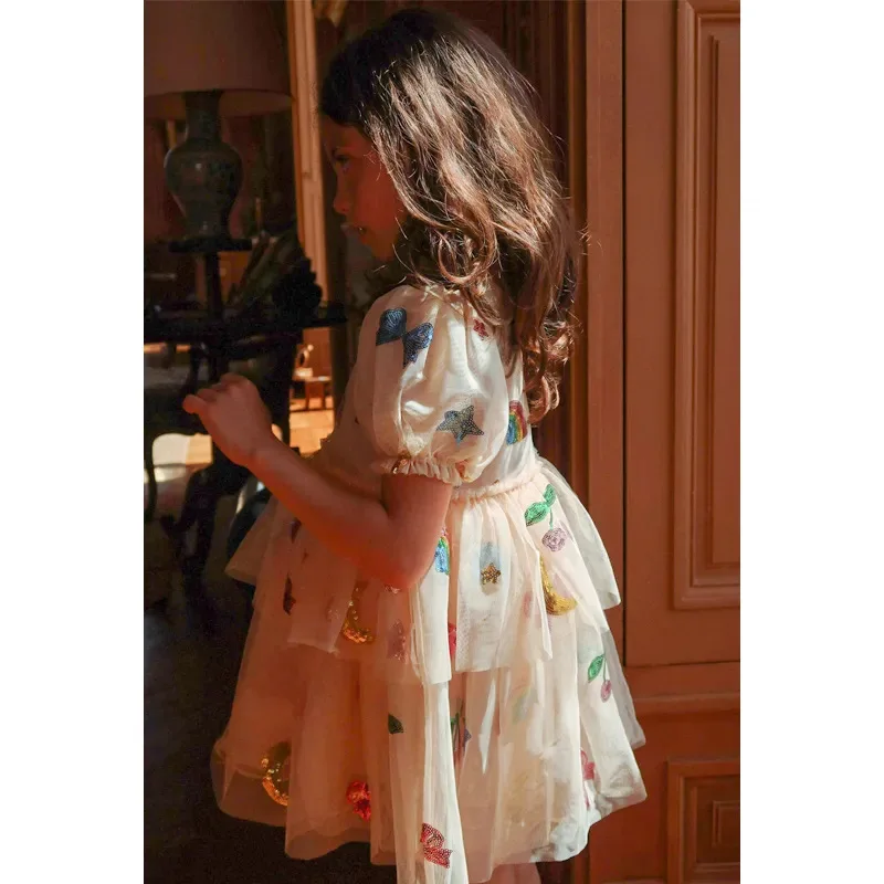 Girls\' Dress 2025 Summer Danish New Cute and Fashionable Bow Sequin Princess Style Girls\' Dress