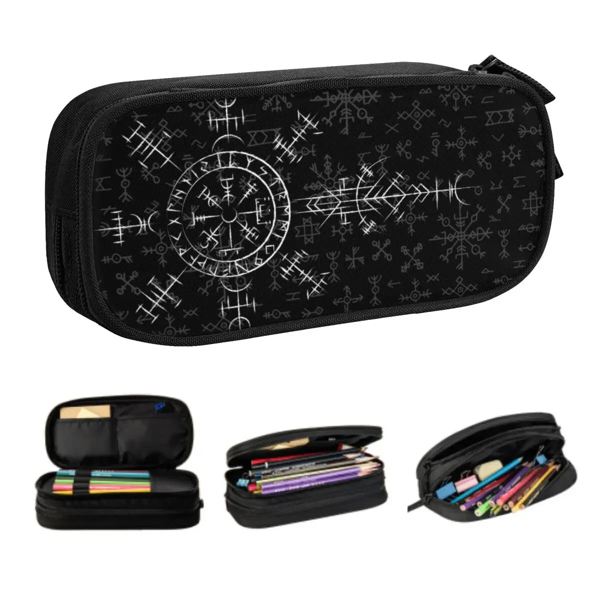 Lucky Charm Kompas Vegvisir Etuis voor Meisjes Jongens Grote Opslag Vikings Valhalla Pen Box Tas Schoolaccessoires