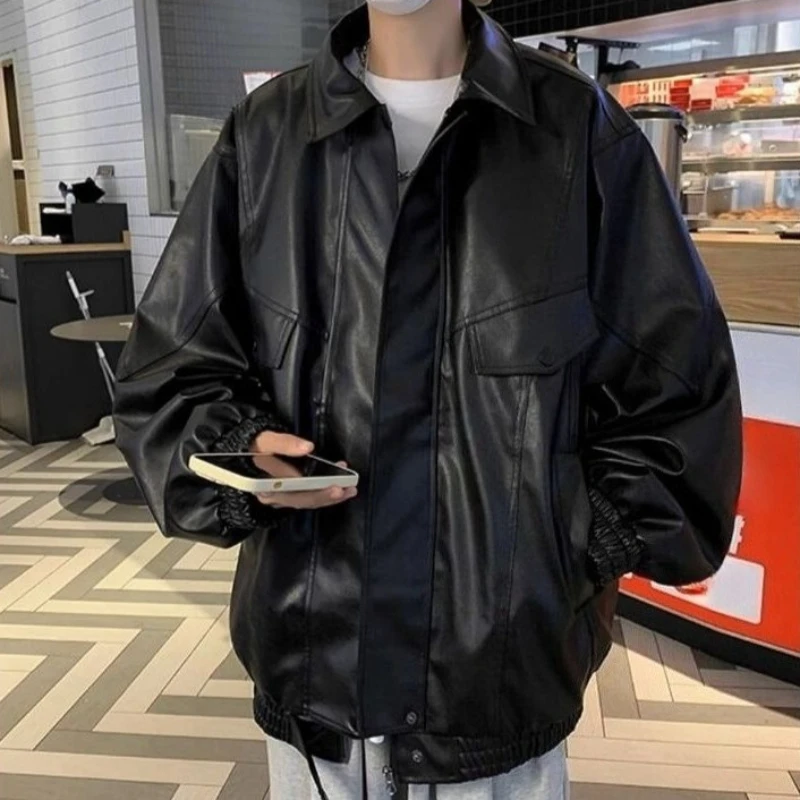 

Classic American Biker Jacket Loose Fit Premium Leather Coat with Collared Streetwear for Men High End Outerwear Spring Autumn​