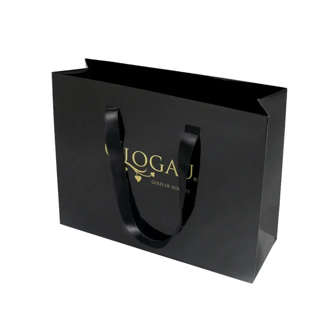 Il sacchetto di carta nero opaco personalizzato progetta il sacchetto regalo con logo in lamina d'oro con fiocco in nastro