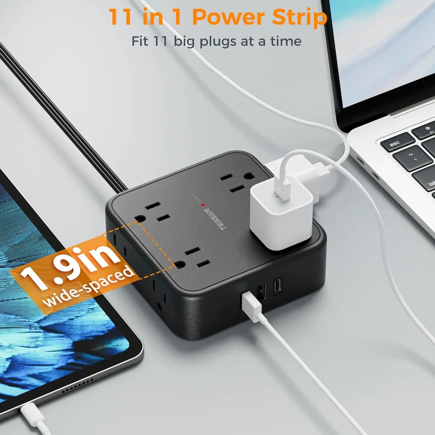 TESSAN Ultra Thin Flat Plug Power Strip Surge Protector with 8 Outlets 3 USB (1 Type-C) 900J Surge Protection Charging Station