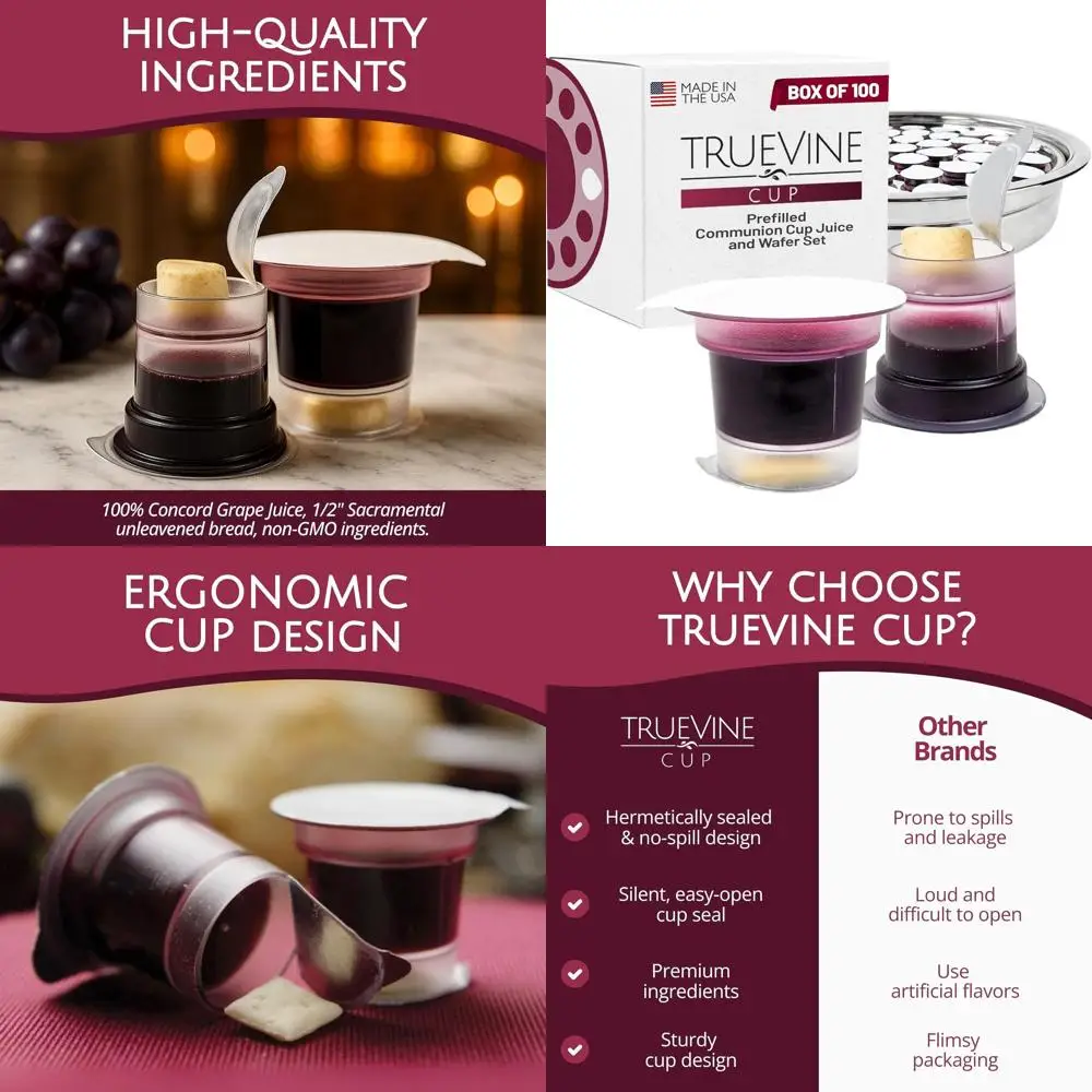 

Предварительно наполненные чашки и вафели для причастия — 100 шт., свежий непрещенный хлеб и виноградный сок, идеально подходит для сувениров первого причастия