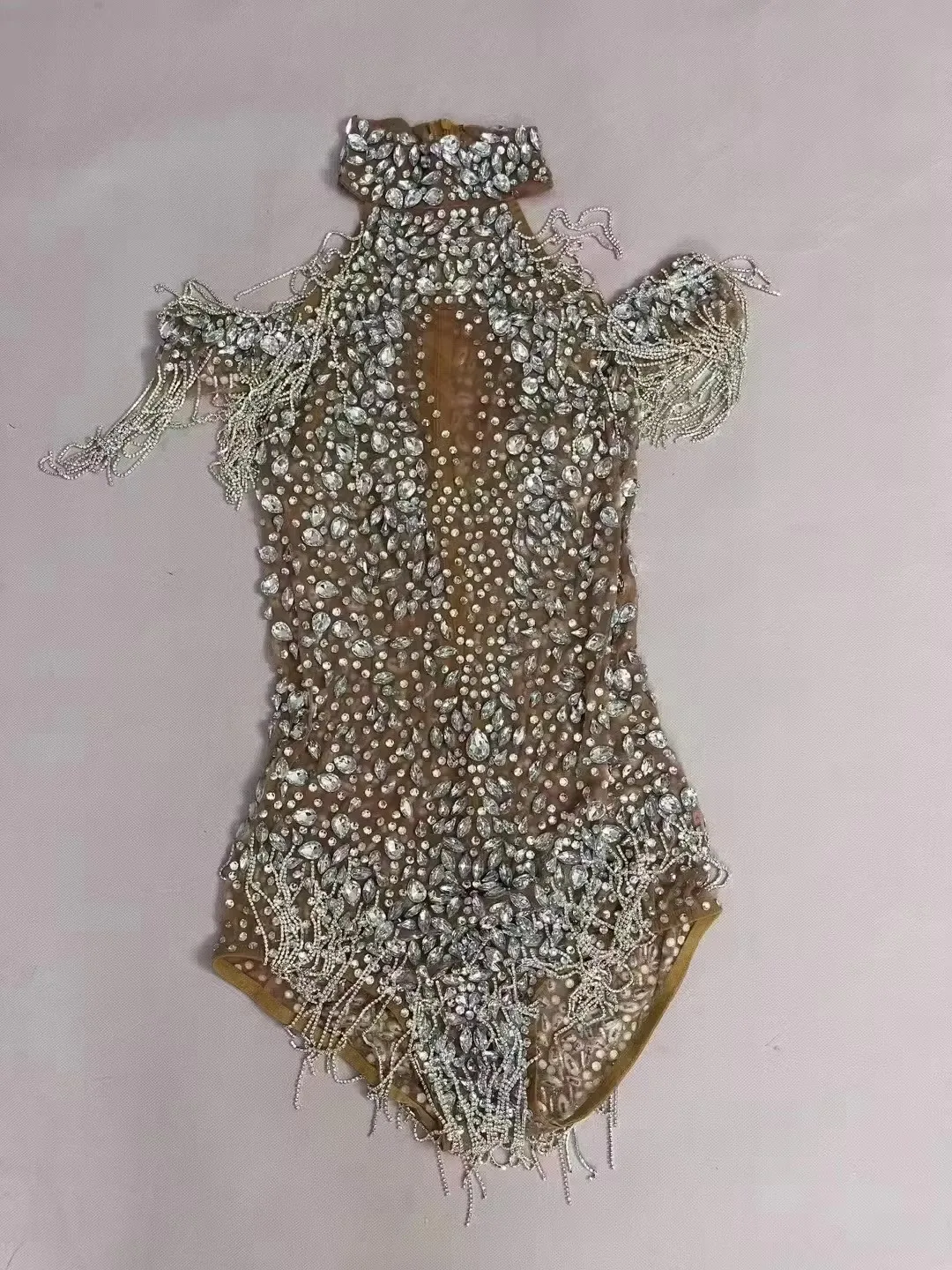 Sexy transparente borla bodysuit prata strass dançarino cantor boate bar palco wear elástico cristal collant dança traje