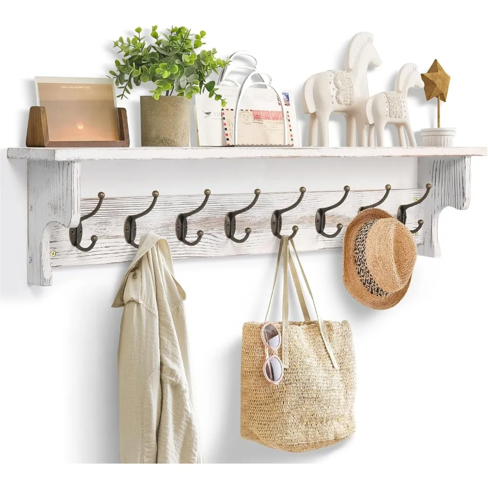 

35.8'' Wood Coat Rack Wall Mount with Shelf, White Wall Coat Rack with Hooks, Farmhouse Rustic Coat Hooks for Entryway