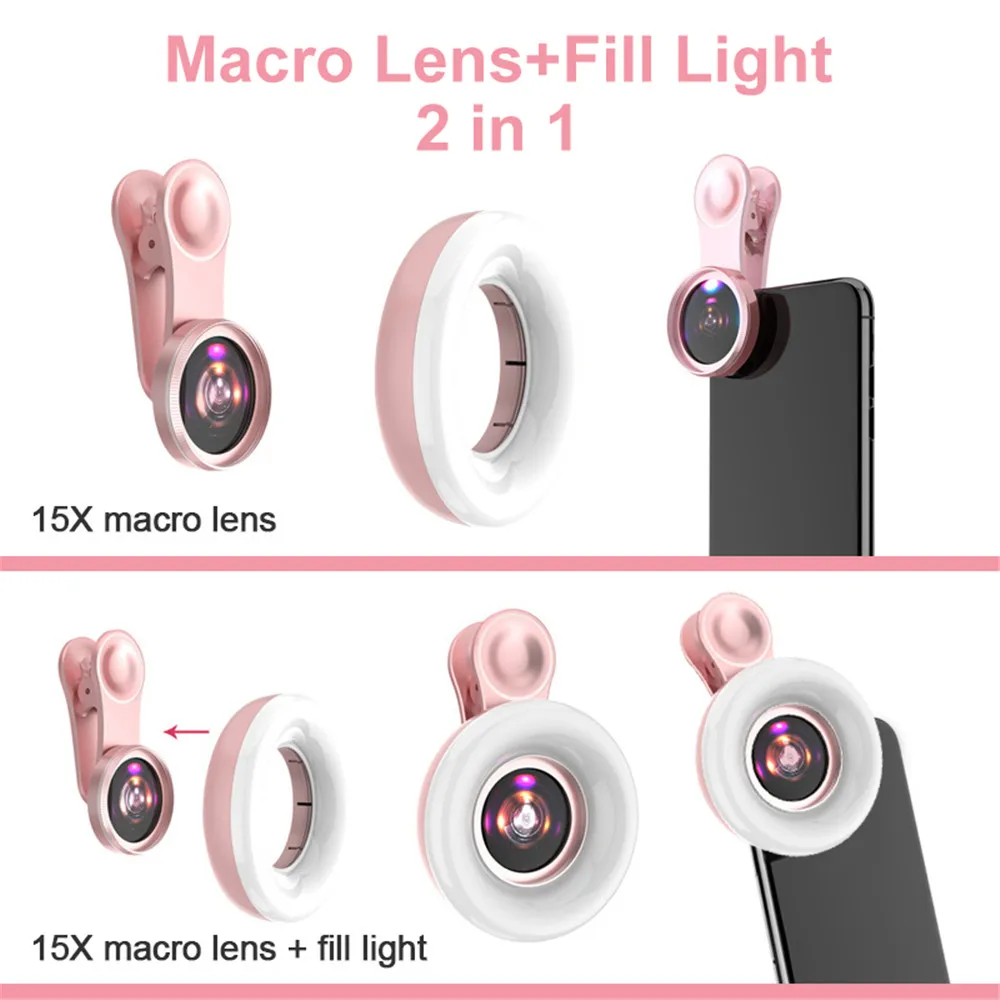 15X Macro Lens Mobile Phone HD Camera Lens with LED Ring Flash Light Smartphone Selfie Live Lamp Fill Light