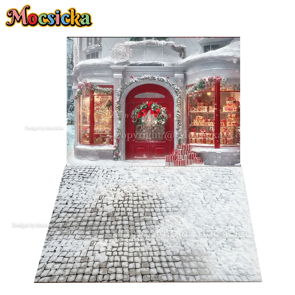 Mocsicka Christmas Shop Corner Backdrop Photography Red Xmas Gift Shop Snowy Background Winter Kid Family Holiday Photo Studio