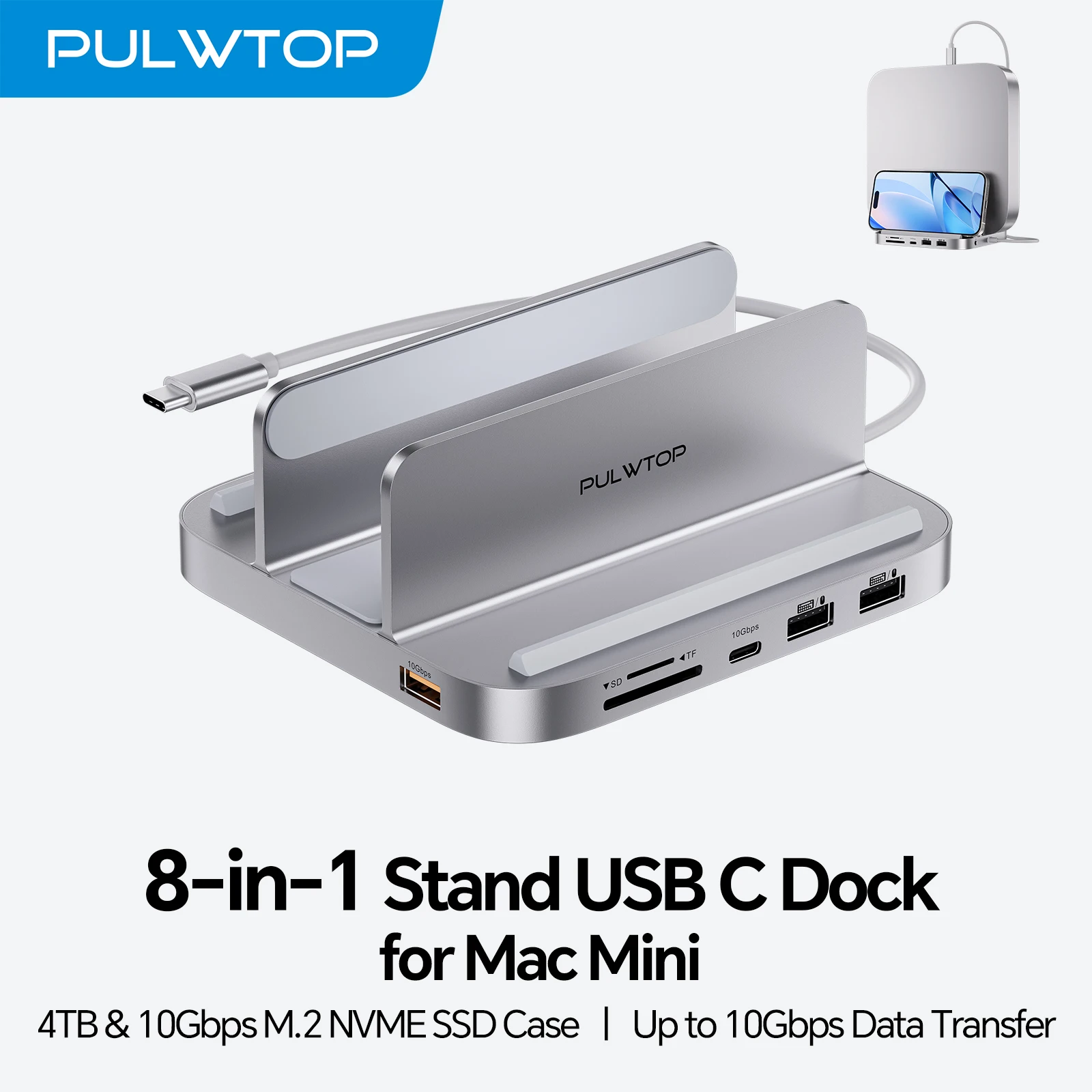 

PULWTOP Mac mini Hub M1 M2 с корпусом для M.2 SSD (НЕ подходит для M4 2024), док-станция USB C с USB A/C 10 Гбит/с, USB A 2.0, SD/TF, аудио