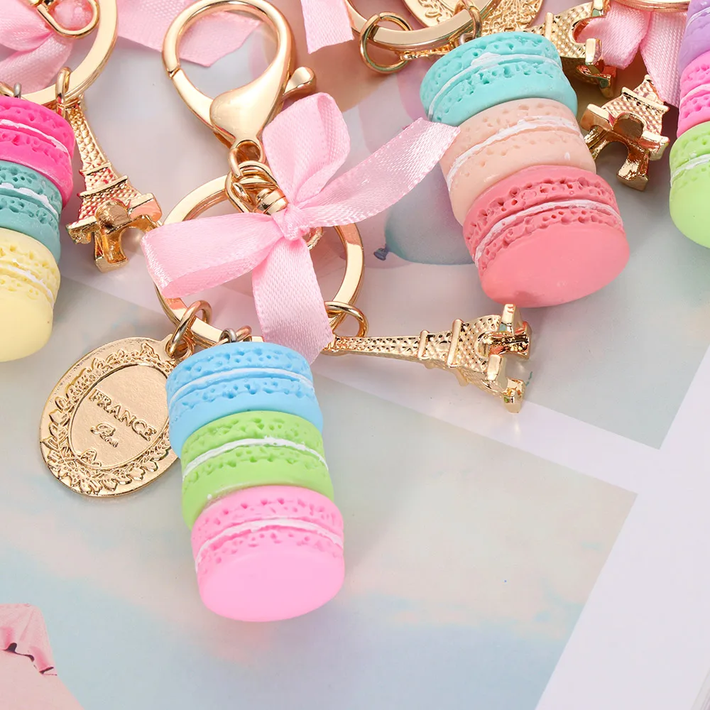 Fashion Macaron Cake Keychain Fluffy Cute Zinc Alloy Keyring Key Buckle Handbag Decorative Accessory Red Blue Green Pink Purple