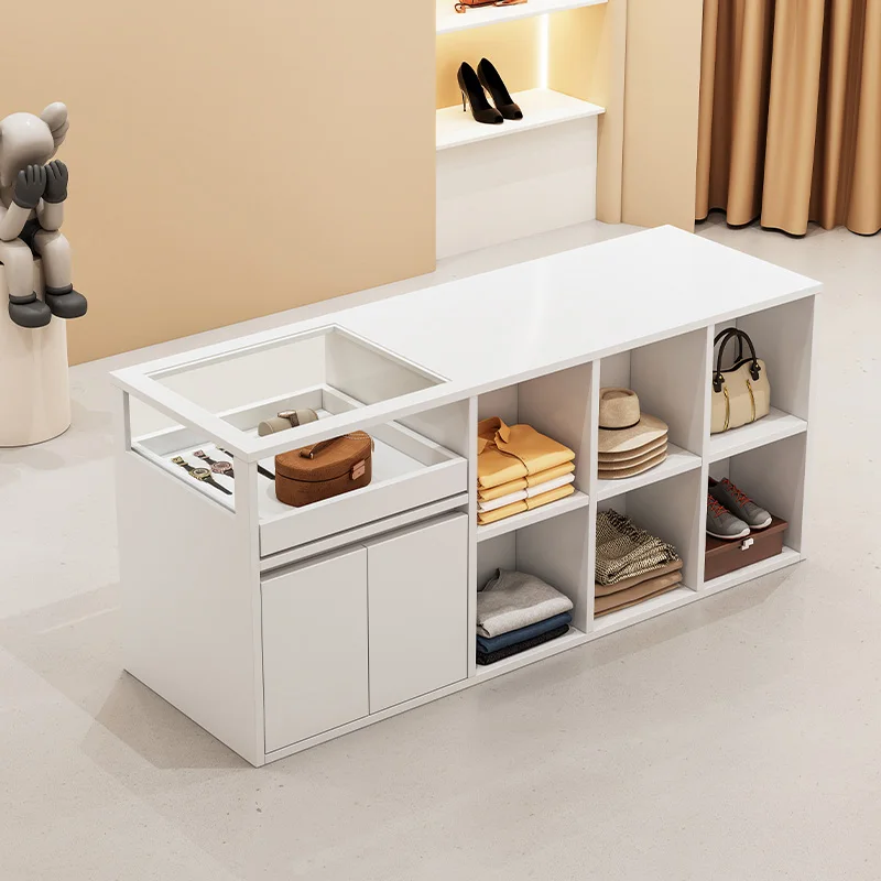 #Solid wood clothing store, double-sided glass island cabinet, women's clothing store, ornament display table, display table