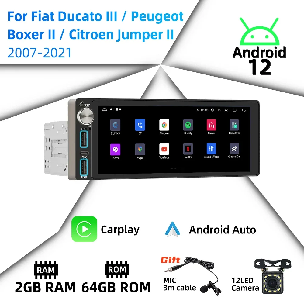 

6.86" Screen Android Car Multimedia for Fiat Ducato III Peugeot Boxer II Citroen Jumper II 2007-2021 1 Din Radio Stereo Carplay