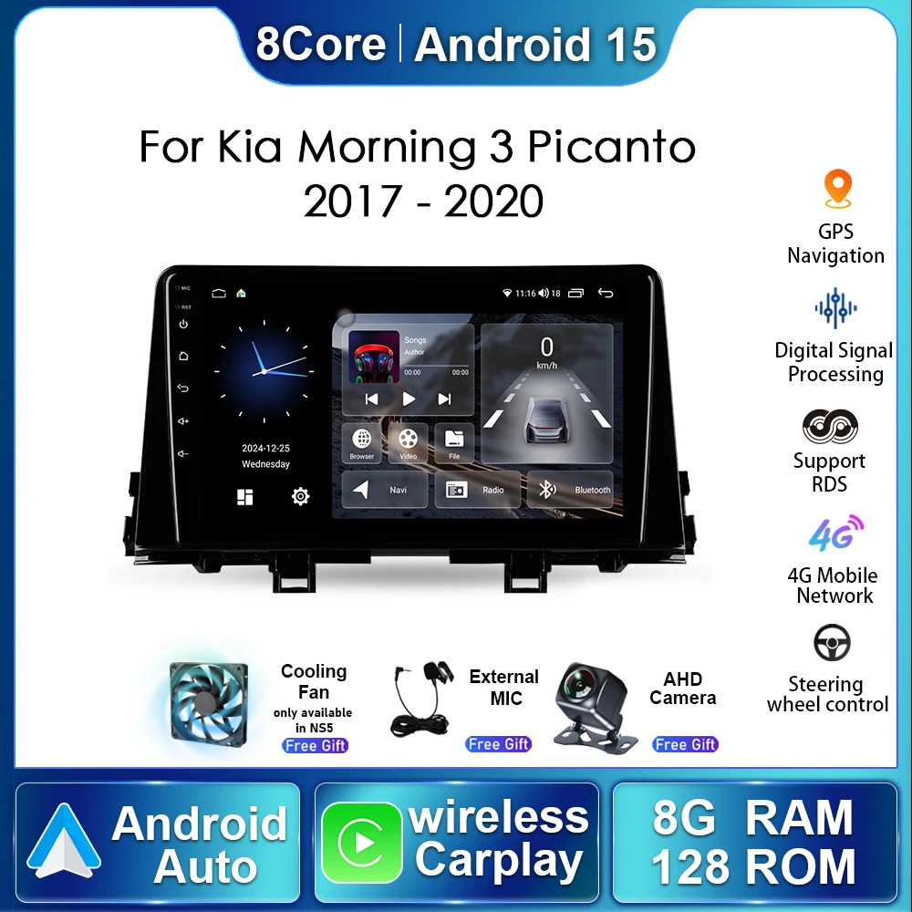 Carplay Car  Radio Multimedia For Kia Morning 3 Picanto 2017 2018 2019 - 2020 GPS Navigation Player Android 15.0 Auto BT 5G WIFI