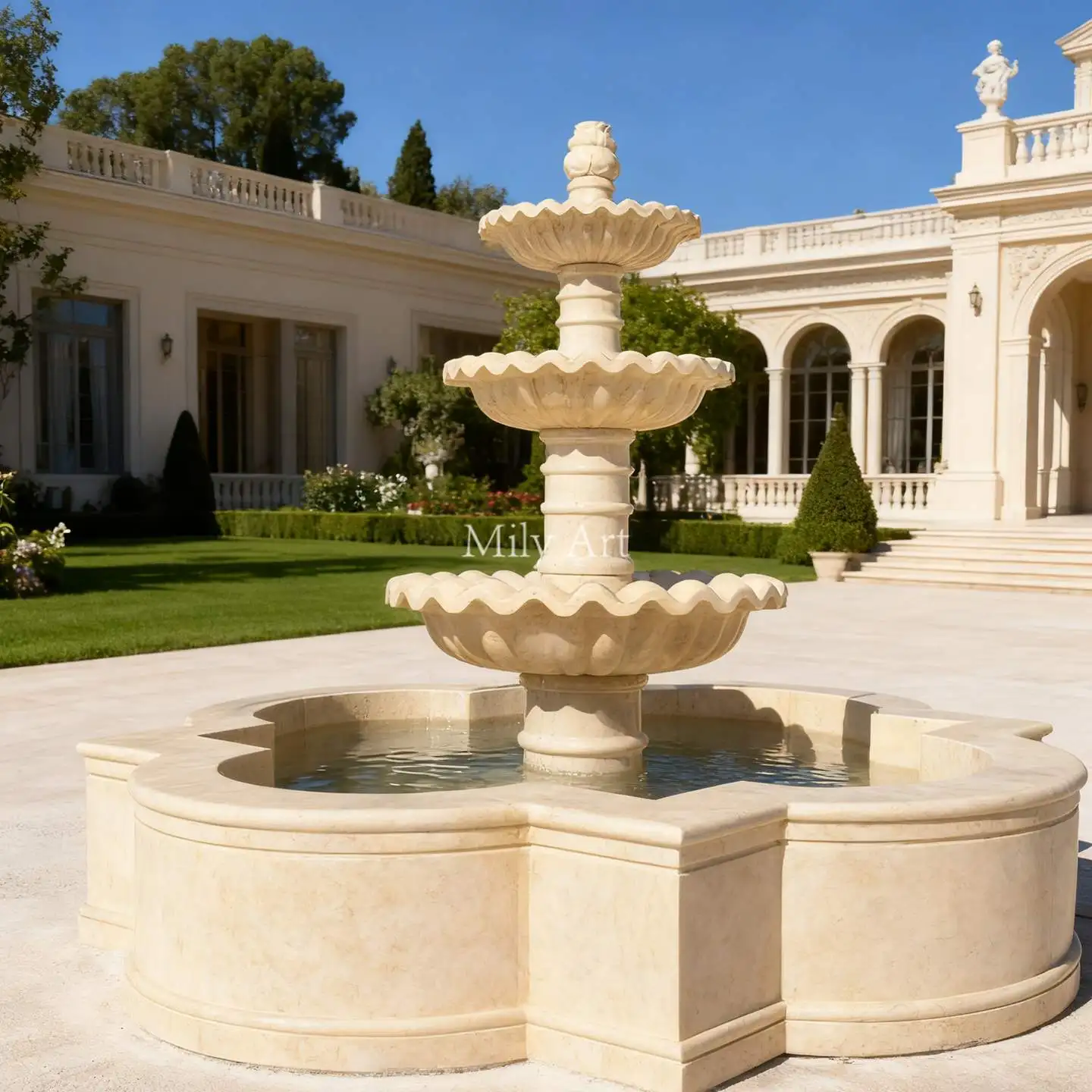 MILY Hand-Carved Beige Marble Fountain Classic Design for Outdoor Villa Garden Decoration
