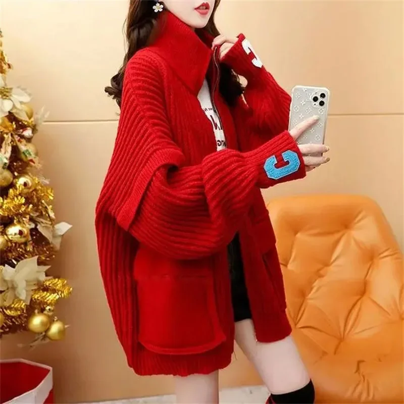 Female Stand Collar Knit Coat Women Loose Sweaters Cardigan Tops Korean Ladies Thicken Knitted Zipper Sweater Jacket