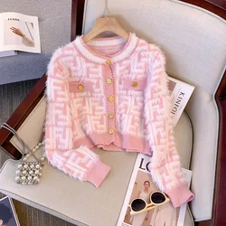 Pink Plaid Korean Casual Knitted Cardigan Single Breasted Harajuku Sweater Coat Long Sleeve Fashion Outwear Women Short Cardigan