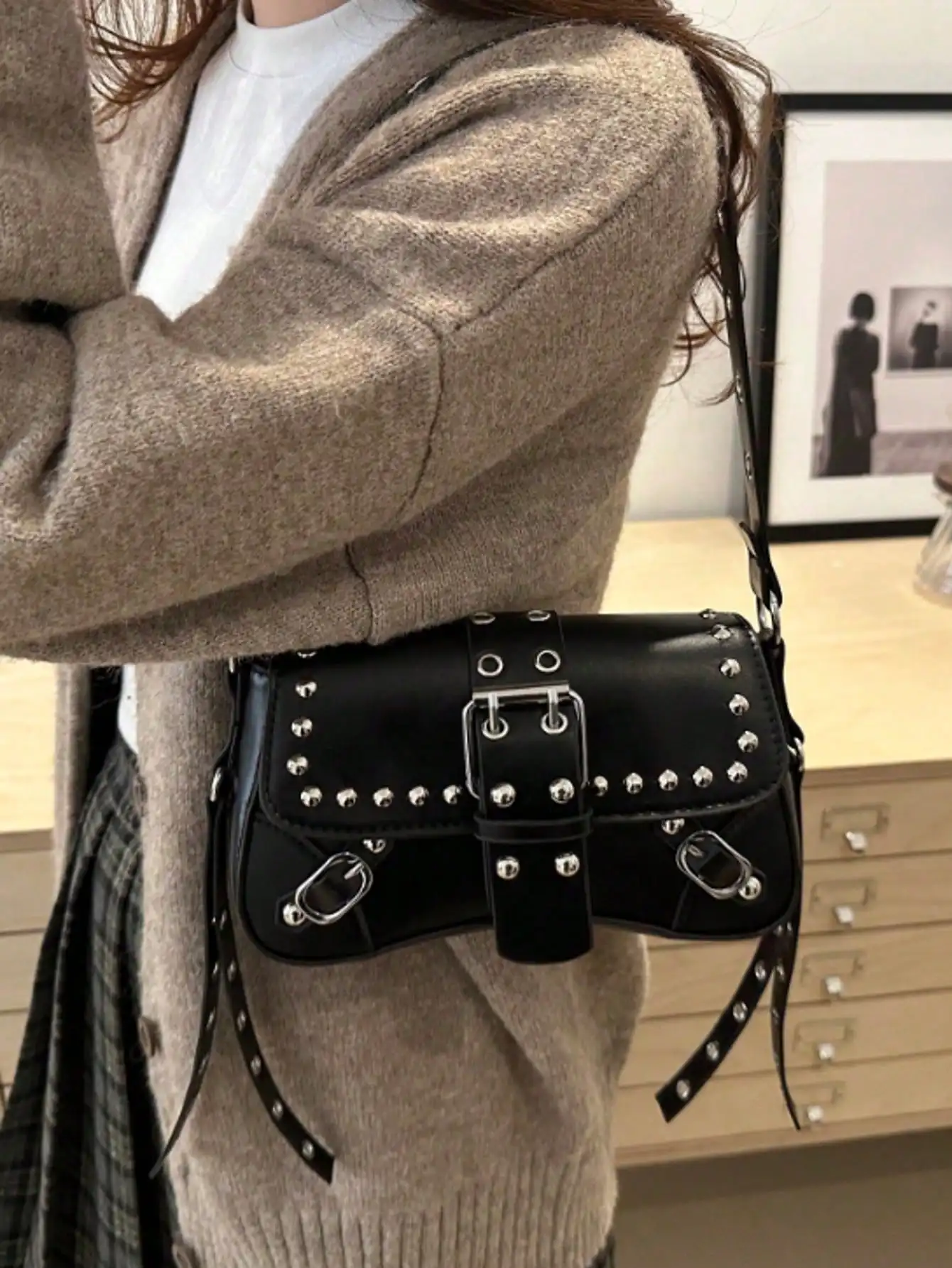 

Fashionable Studded Women Shoulder Bag, Armpit Bag, Crescent Bag, Biker Bag With Belt Clip