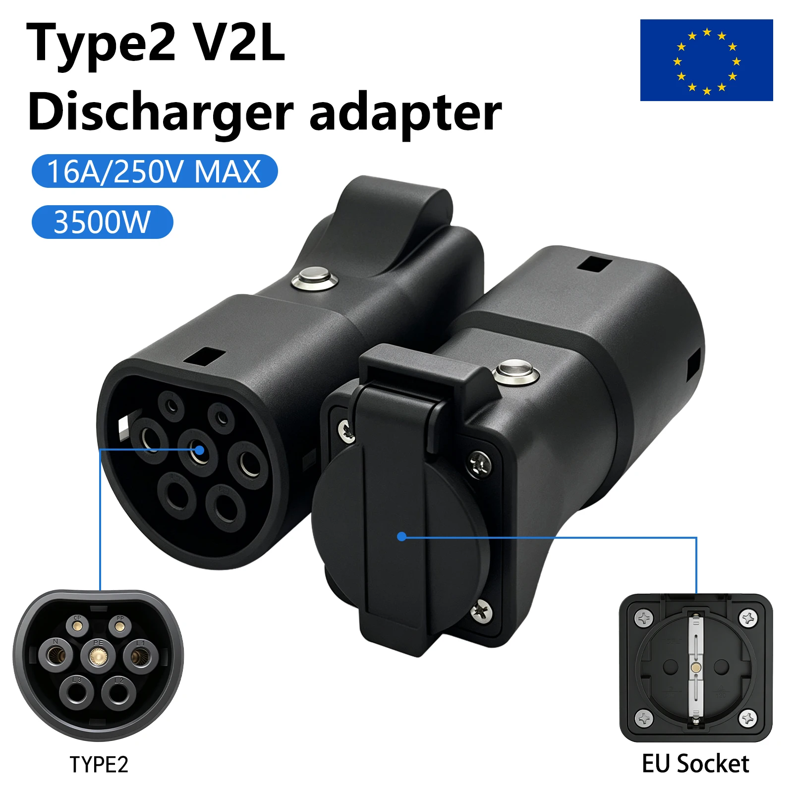 Type 2 V2L Discharger Adapter EV Vehicle to EU Socket Waterproof Outdoor Camping Power Adaptor for BYD MG Geely Jaecoo Omoda