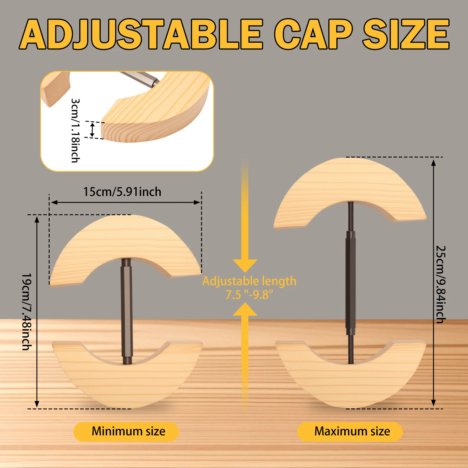 Repacego Verstellbarer Hutstretcher aus Holz in Kappenform, Premium-Fedora-Hutablage zur Aufbewahrung von Cowboy-Baseballmützen – Detail 1
