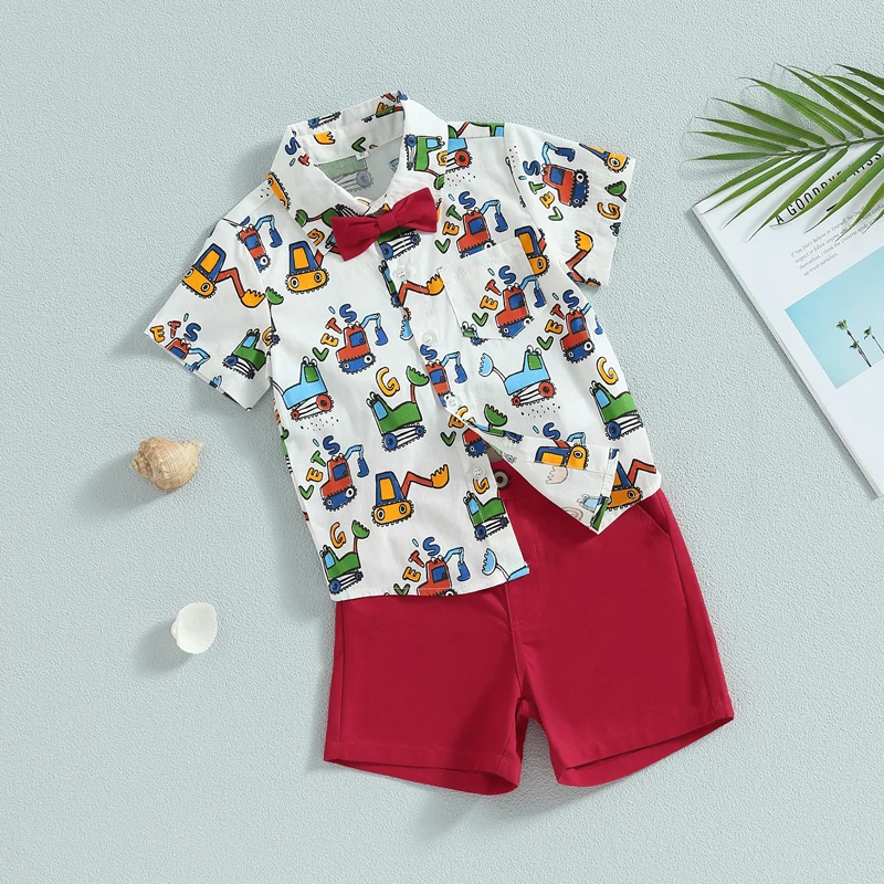 1-6Y Kids Boys Gentleman Outfits Excavator Print Short Sleeve Button Up Shirt and Elastic Shorts Summer Casual Clothes Set