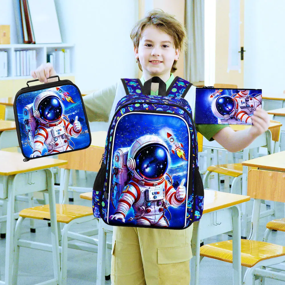 3Pcs 16 Inch Blue Boys Backpack Set, Thumbs‑Up Astronaut Space Print School Bookbag with Handbag & Pen Pouch for Kids