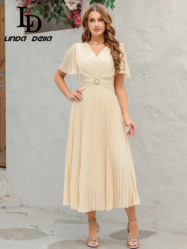

LD LINDA DELLA 2025 Summer New Women's Sexy V-neck Customized Bead Buckle Waist Chiffon Big Swing Hundred Fold Long Dress