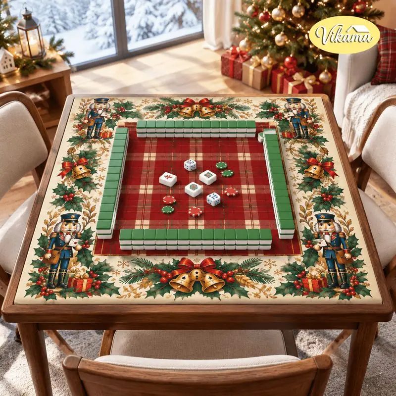 VIKAMA Christmas Mahjong Mat Red Plaid Nutcracker Holly Bells Washable Folding Mahjong Tablecloth Table Pad Xmas Home Decor