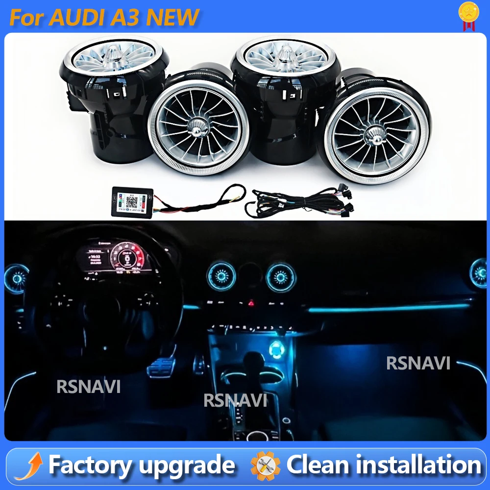 

256 цветов, управление через Bluetooth-приложение, для Audi A3 S3 RS3 8V 8Y 8P 2004-2020, турбо-светильник, подсветка приборной панели, вентиляционные отверстия, турбинная подсветка.