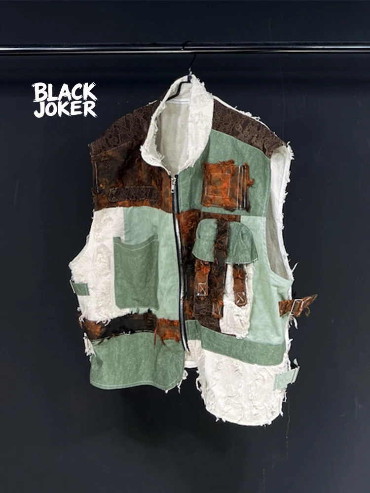 BLACK JOKER Original Design Stitching Raw Edge Design Sense Short Denim Vest Men's Unique Sleeveless Ware Shoulder Jacket