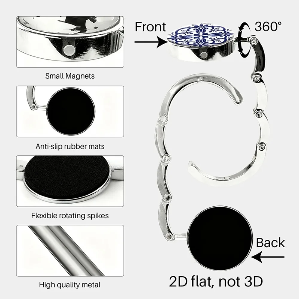 Blue-and-White Porcelain Pattern Table Handbag Hook Folding Zinc Alloy Classroom Desk Schoolbag Hanger Non-slip Back Round