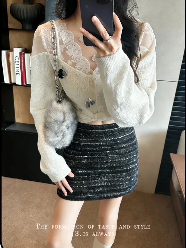 SMTHMA Gonna corta in lana di Capodanno stile piccolo profumato da donna con paillettes a trapezio sexy per ragazza piccante rossa