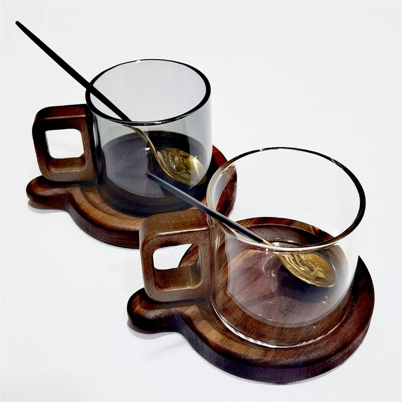 

150ML Small Capacity Espresso Cup and Saucer Set Glass Coffee Mug With Wooden Tray Reusable Barista Coffee Tools