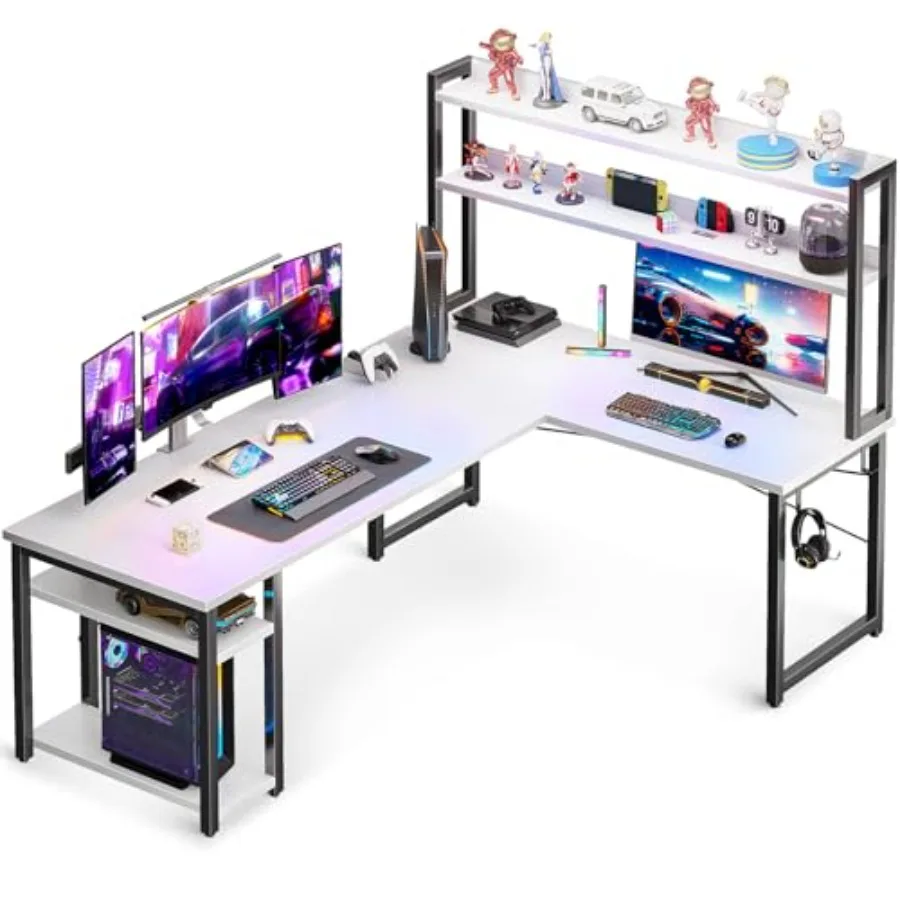 

L-образный игровой стол с ящиком Компьютерный стол с полками для хранения 66-дюймовый L-образный стол для домашнего офиса Угловой стол с наушниками