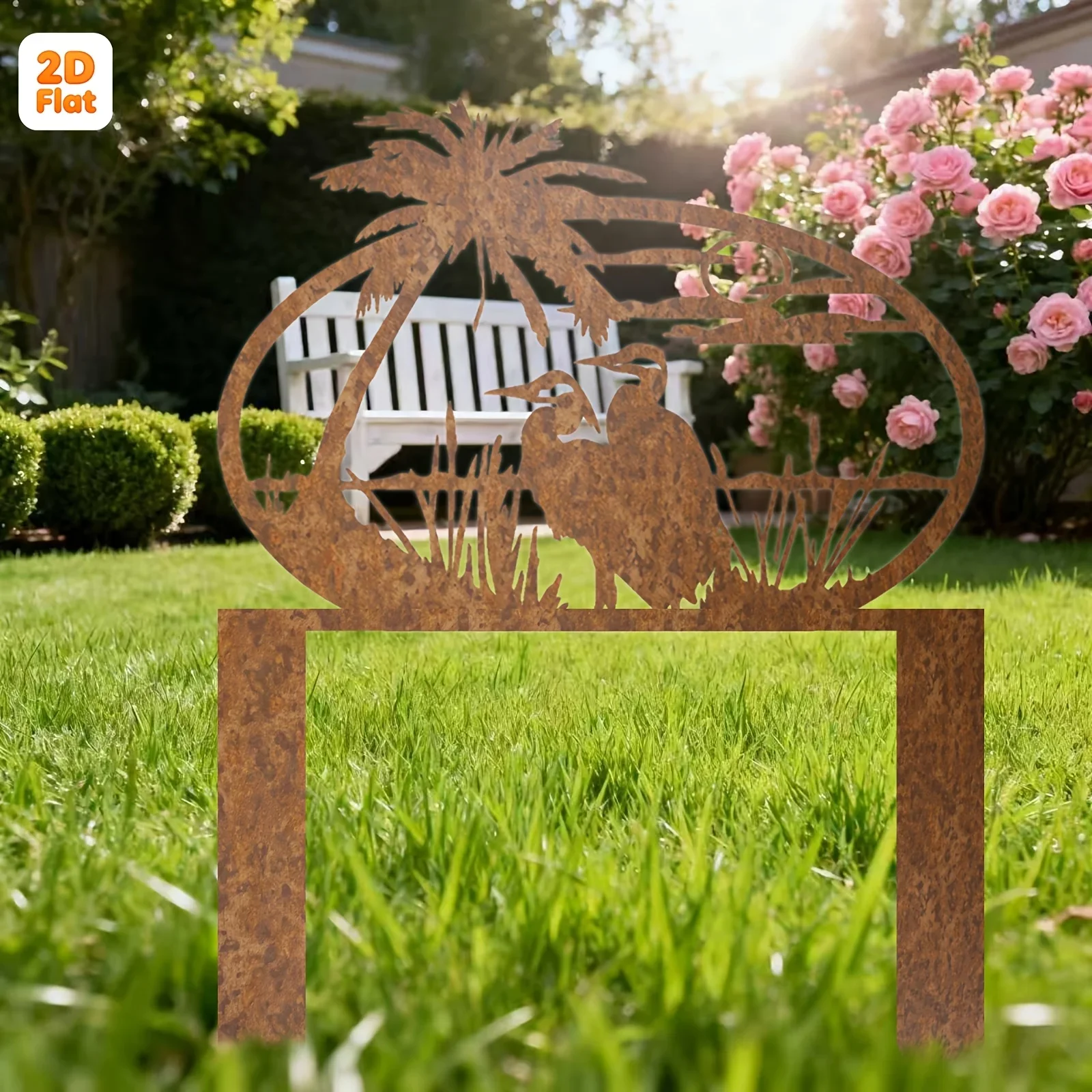 【2D Flat】Rustic Heron & Palm Oval Metal Garden Stake – Patina Yard Decor – Gift for Summer Solstice & Housewarming