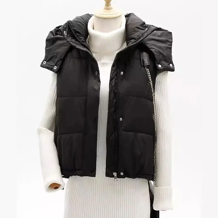 Gilet corto in cotone autunno inverno Giacca senza maniche con cappuccio da donna Cardigan con cerniera allentata semplice e versatile in stile europeo alla moda