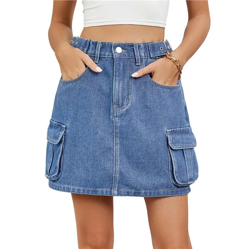 

CYL-Women's Mini Cargo Denim Skirt Low Rise Cargo Skirt Button Bodycon Jean Skirt With Pockets