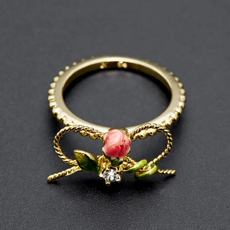 

Sweet Fashion Temperament Enamel Glaze Pink Rosebud Bow Round Ring