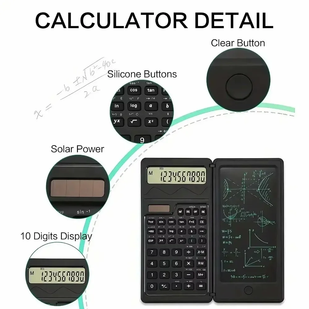 LCD Screen Scientific Calculator 2 in 1 Foldable Design Writing Tablet Calculator Erase Button Lock Solar Energy