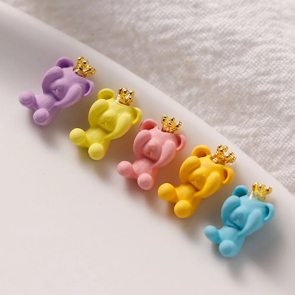 10pcs Kawaii 10.5*6.5cm Bear Nail Charms 3D Katoon Candy Color Macaron Nail Decoration Bear with Cute Crown Nail DIY Parts