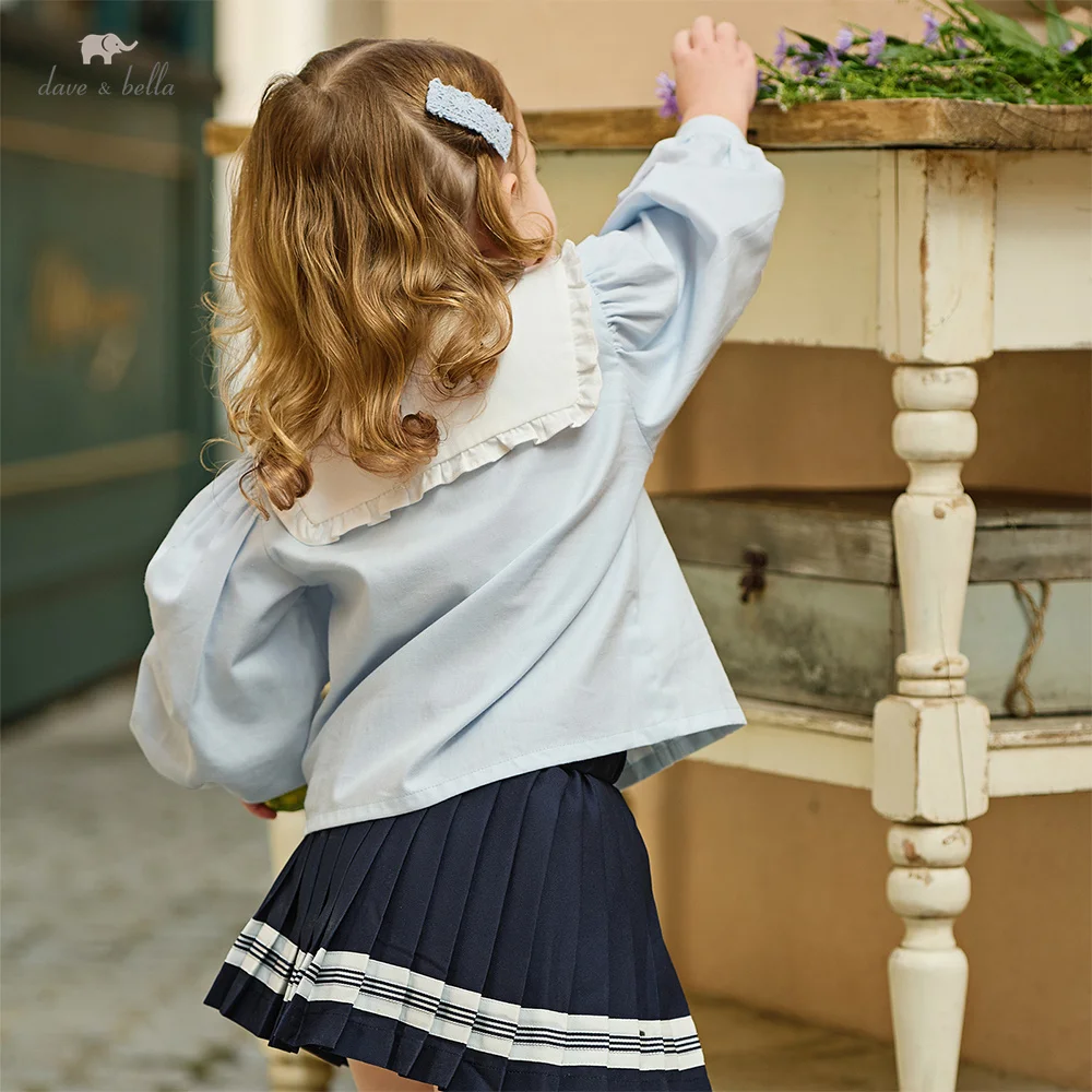 Dave Bella Children Half Skirt Set Autumn Spring Girls Lace Collar Top Pleated Skirt Two Piece Set Kids Casual Clothes DB1260886