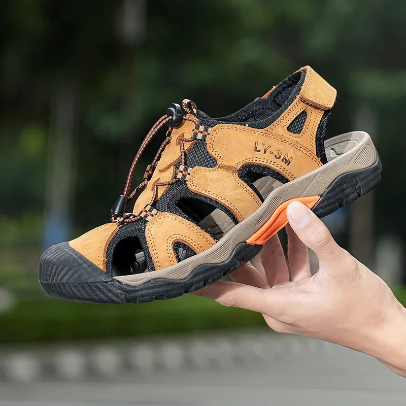 

Новые модные летние повседневные мужские пляжные сандалии, высококачественные кроссовки, сандалии из натуральной кожи, уличные мужские сандалии, большие размеры 38-48