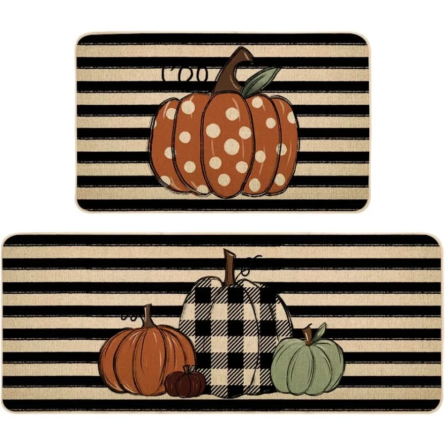 

Осенний кухонный напольный коврик с тыквой, набор из 2 нескользящих впитывающих ковриков и дверных ковриков, сезонный осенний декоративный домашний кухонный коврик 17x