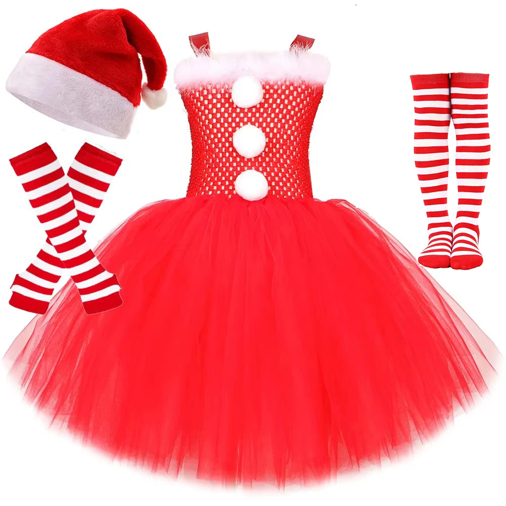 Red Santa Claus Costumes for Girls Grinch Christmas Tutu Dress for Kids Xmas New Year Outfit Children Father Christmas Clothes