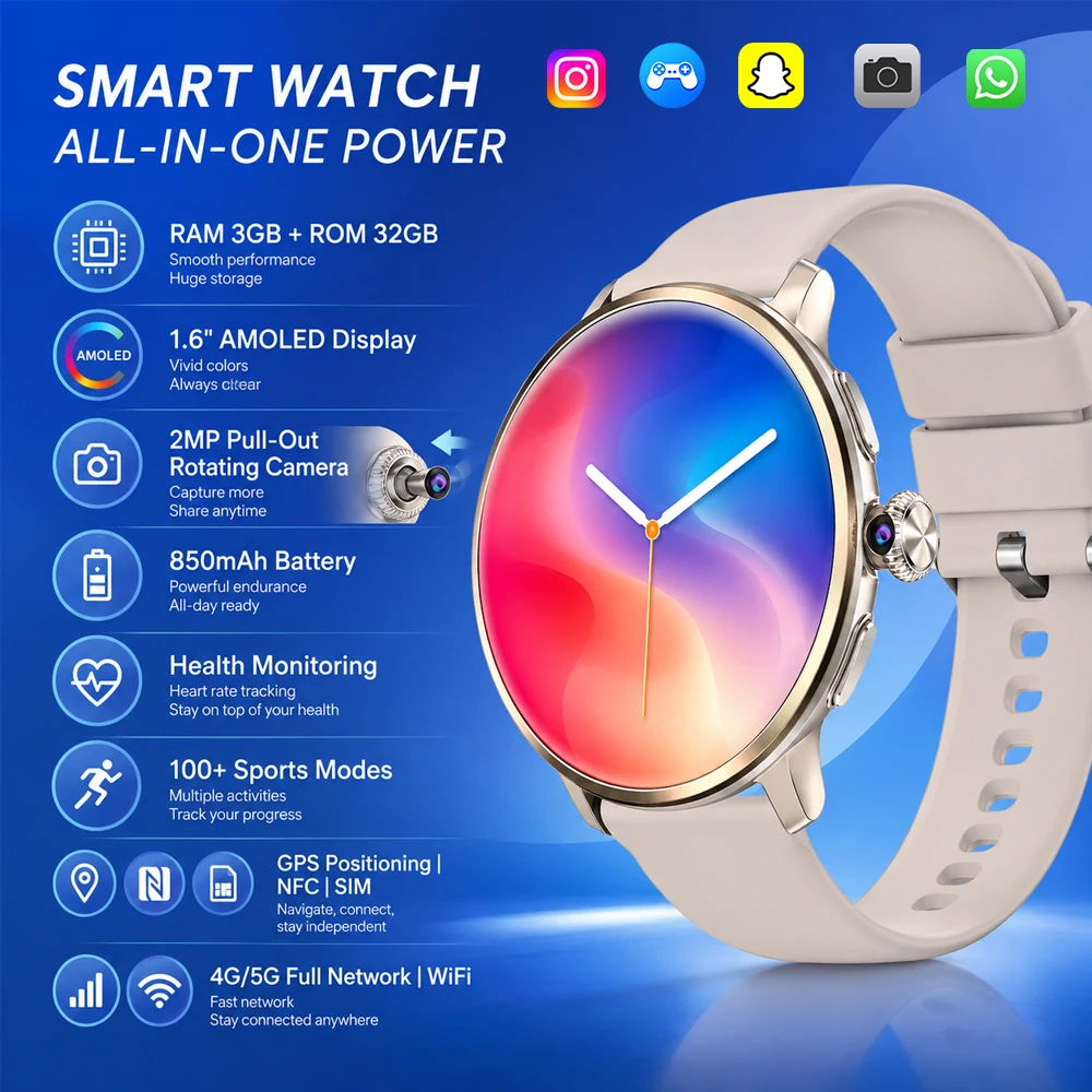 NEW 4G/5G Worldwide Smart Watch 3GB RAM+32GB ROM AMOLED Screen 1000+ Watch Faces Independent SIM Slot GPS Google Play Smartwatch