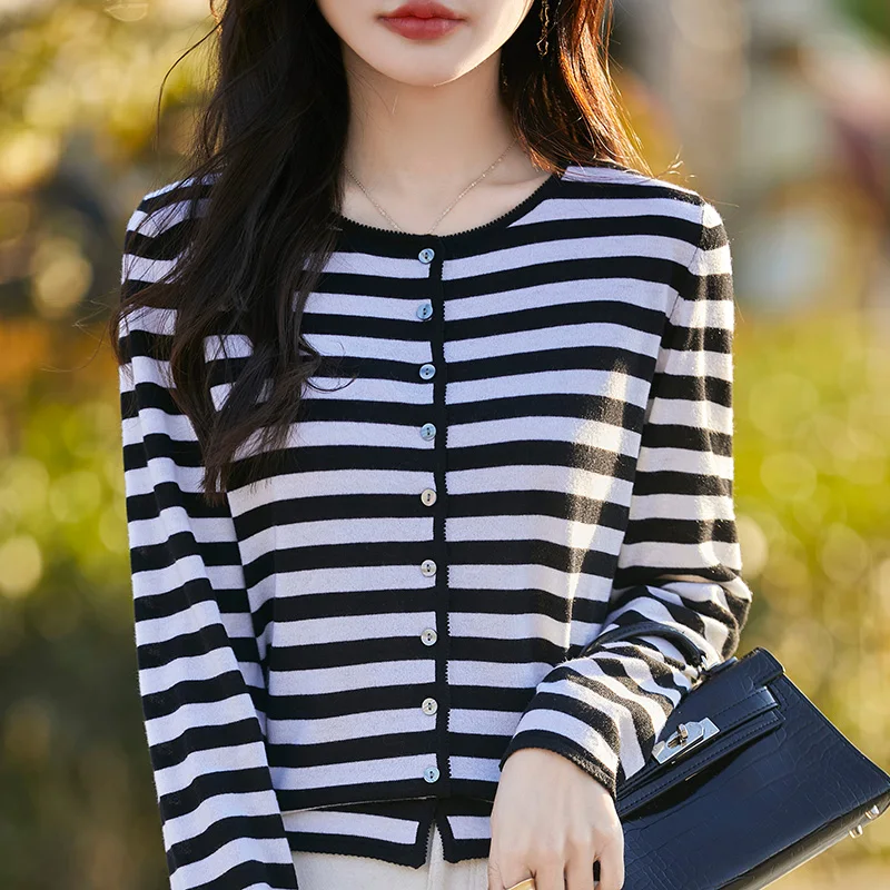 Women's Striped Knit Cardigan - Versatile Slim-Fit Wool Sweater Jacket with Single Chest Pocket