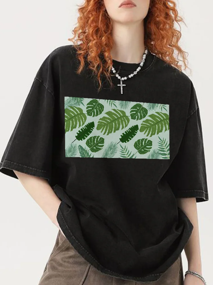 

Vintage Washed Short Sleeve T Shirt with Tropical Plant Leaves Graphic Nature Inspired Design Lightweight Comfort