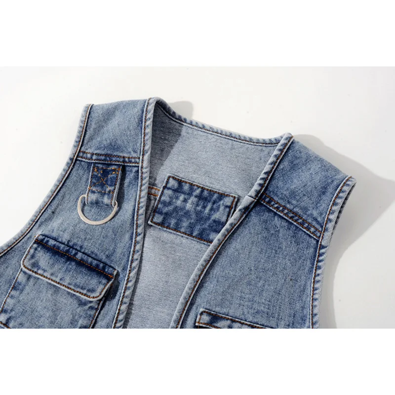 Summer New Korean Fashion Big Pocket Short Denim Vest Women Casual Washed Blue Waistcoat Sleeveless Jacket Jeans Vests Female