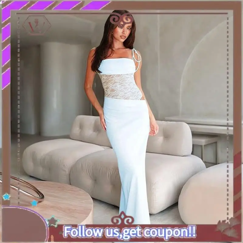 A95D-Vestido largo ajustado sin mangas con cuello cuadrado y corte empalmado de encaje para mujer con corsé transparente