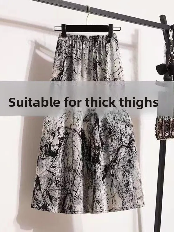 

High Waist A-Line Midi Skirt Slimming Drapey Half-Body Dyed in Traditional Chinese Style Watercolor Print for plus Size Women